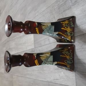 Crane bird Handpainted Ceramic Porcelain Candle Holders Pillars Japan home decor